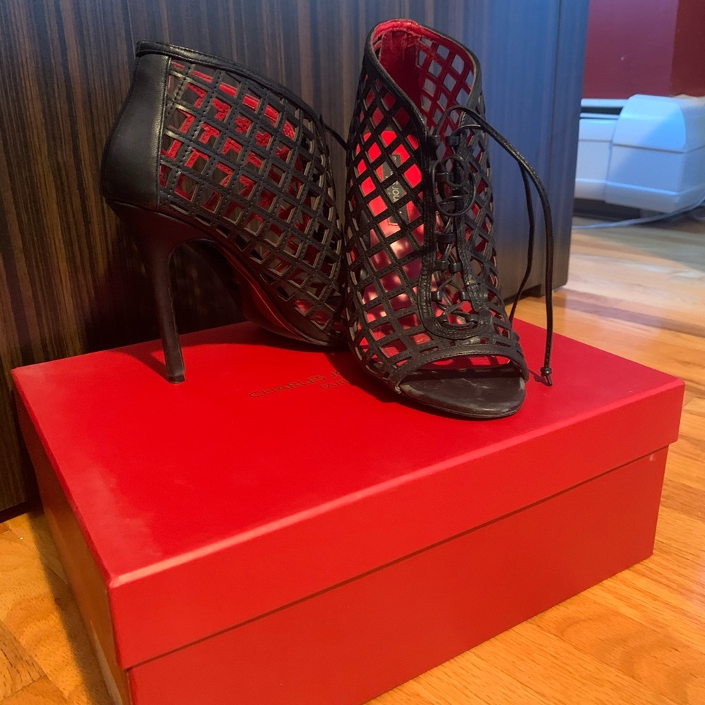 Caged peep toed booties